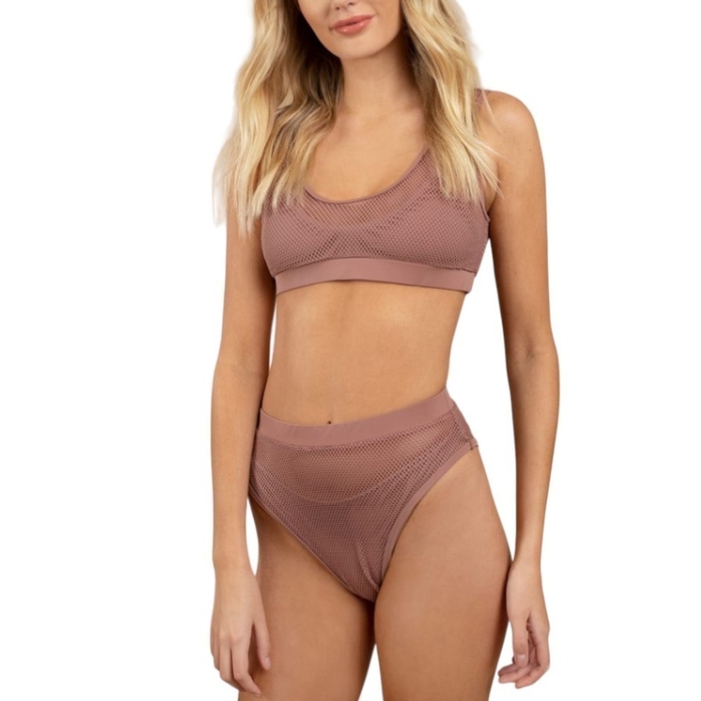 TOBI Safety Fishnet Bikini Set XS Mauve Mesh High Waist Two Piece Swimsuit